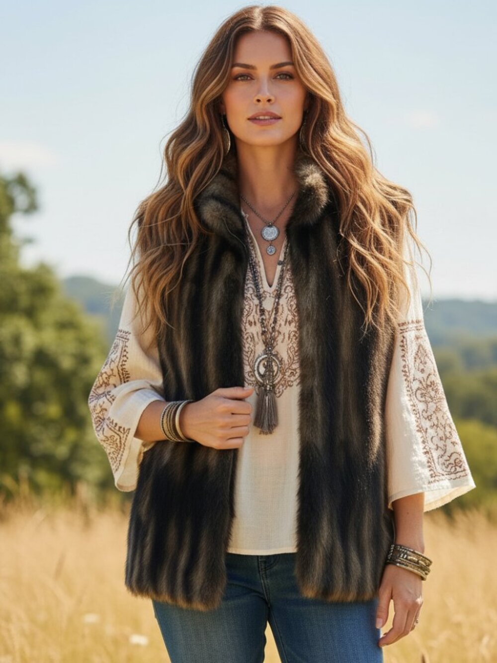 Starfire M Vest Brown Faux Fur Fuzzy Sleeveless Jacket Pockets Boho Indie 90s
